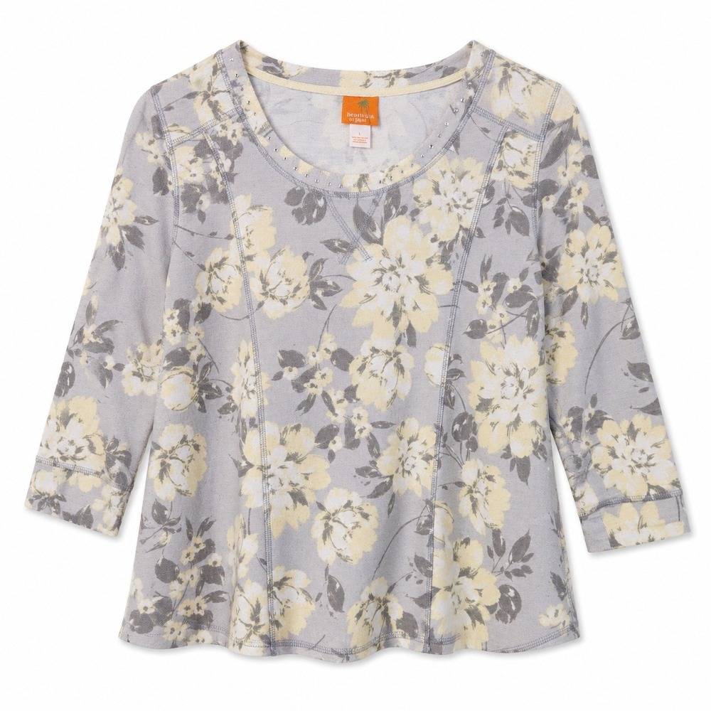 Hearts of Palm Floral Top Womens Large Grey Yellow 3/4 Sleeve Rhinestone Excelle